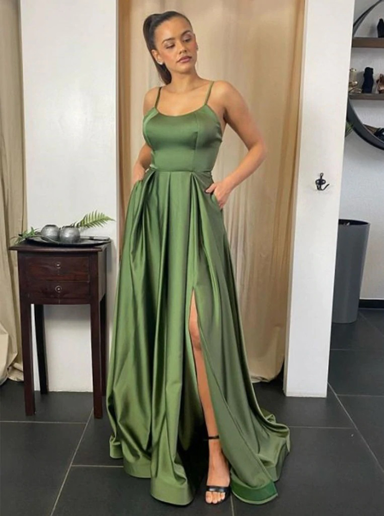 Olive Green A-line Satin Prom Dresses With Slit And Pockets - Comelyme.com