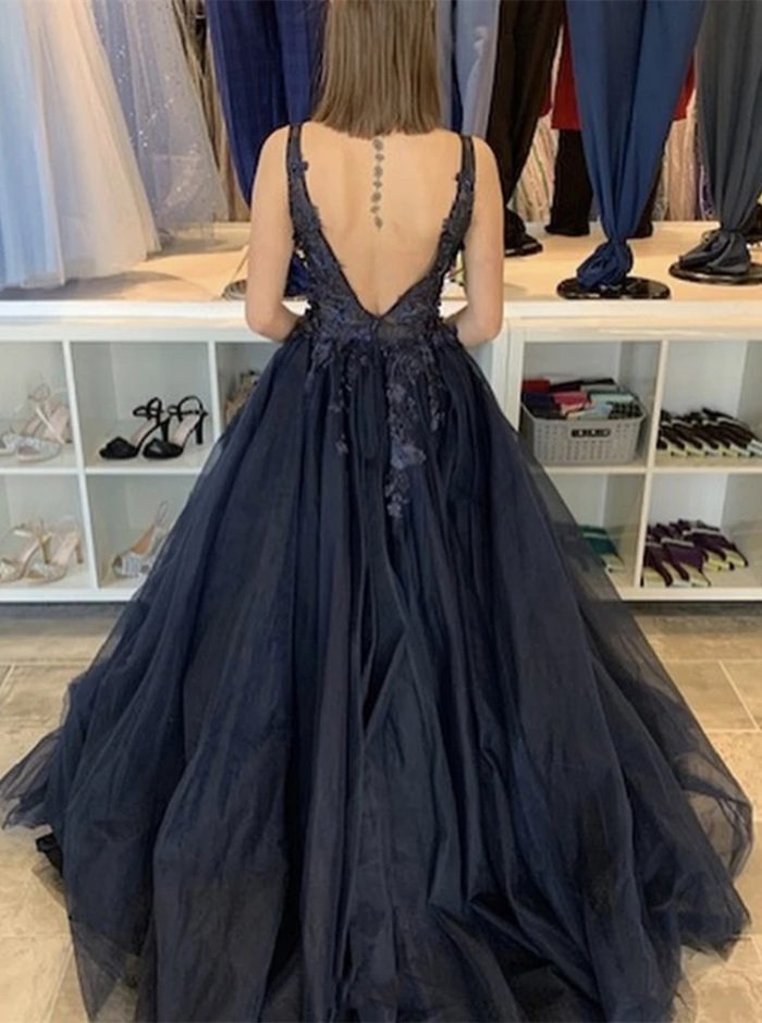A-line V-neck See Through Bodice Tulle Prom Gown - Comelyme.com