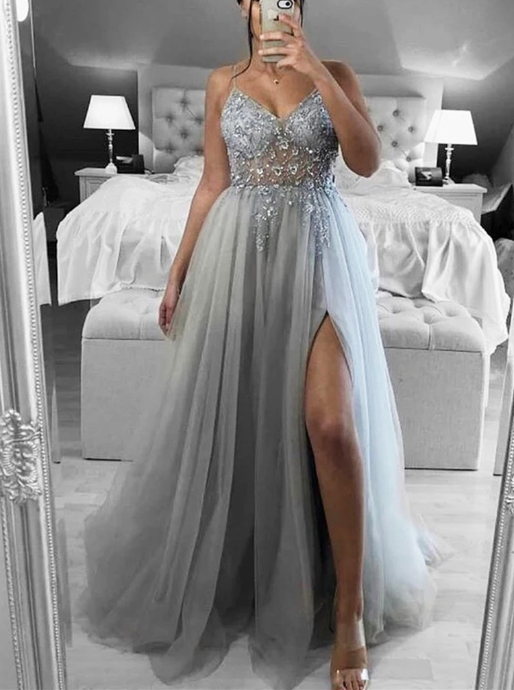 Silver See Through Beaded Bodice Tulle Wedding Guest Gown - Comelyme.com
