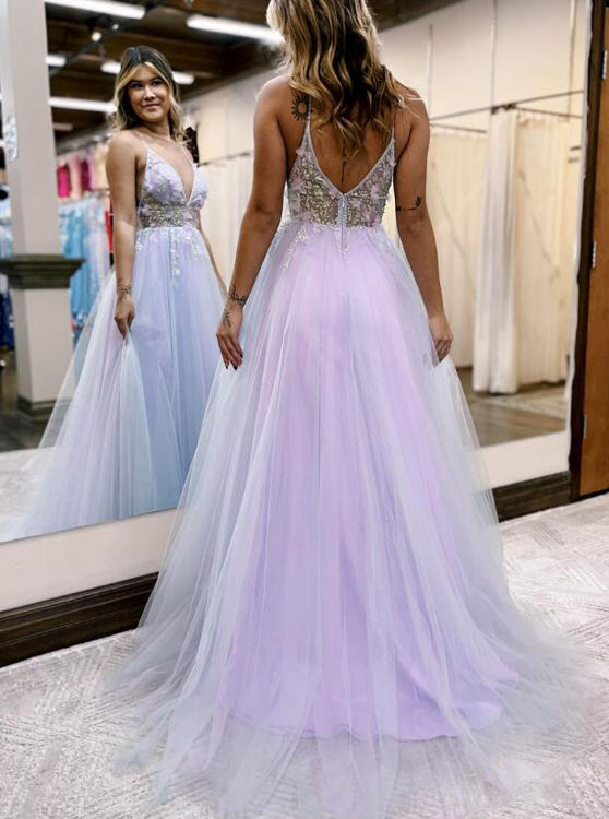 A-line See Through Bodice Tulle Prom Dress With Slit - Comelyme.com