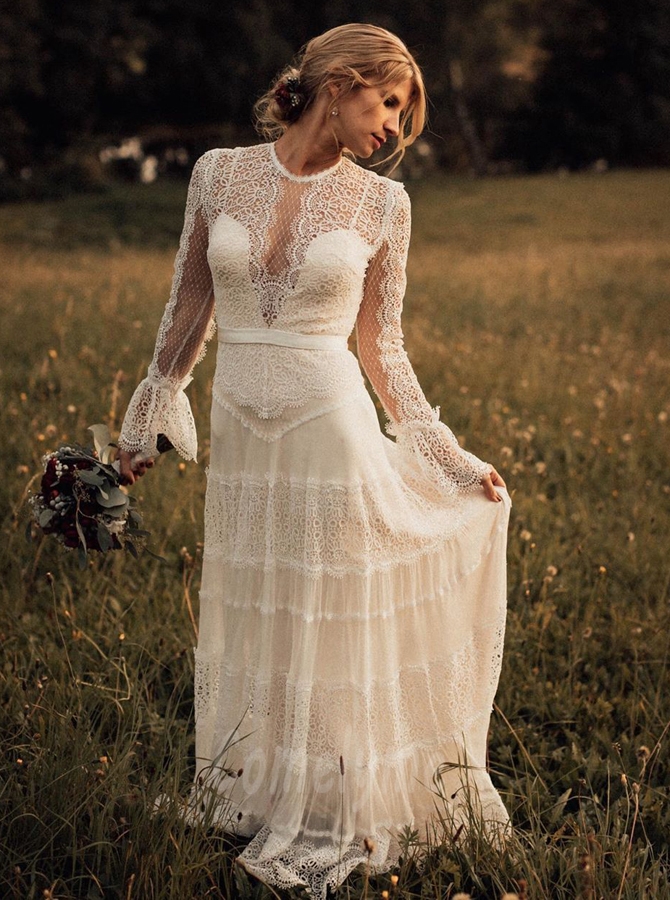 Boho Long Sleeve Lace Jewel Neckline Wedding Dress - Comelyme.com