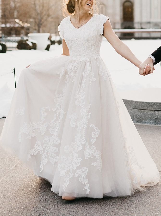 Modest A-line Cap Sleeve Fully Lined Wedding Gown - Comelyme.com