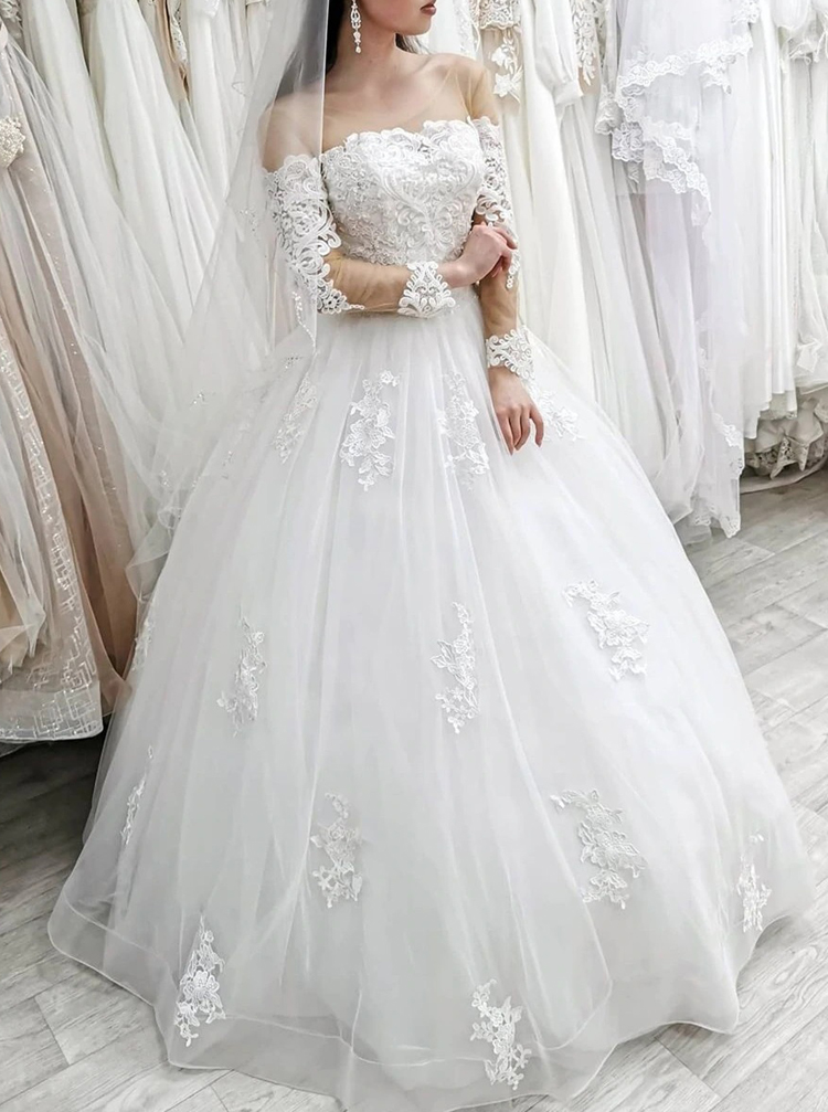 Classic Illusion Scoop Neckline Long Sleeve Wedding Gown