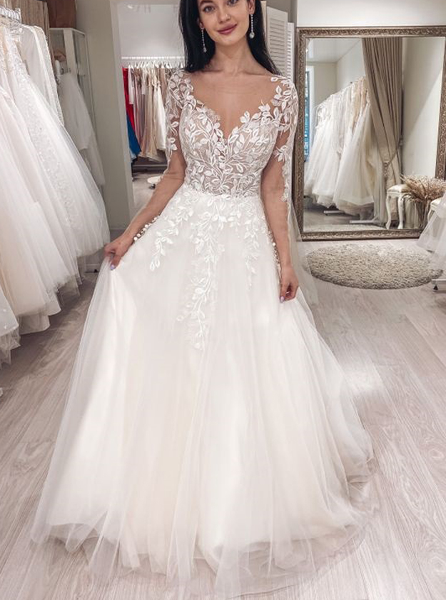 Gorgeous A-line Illusion Scoop Neckline Wedding Dress With Sleeves ...