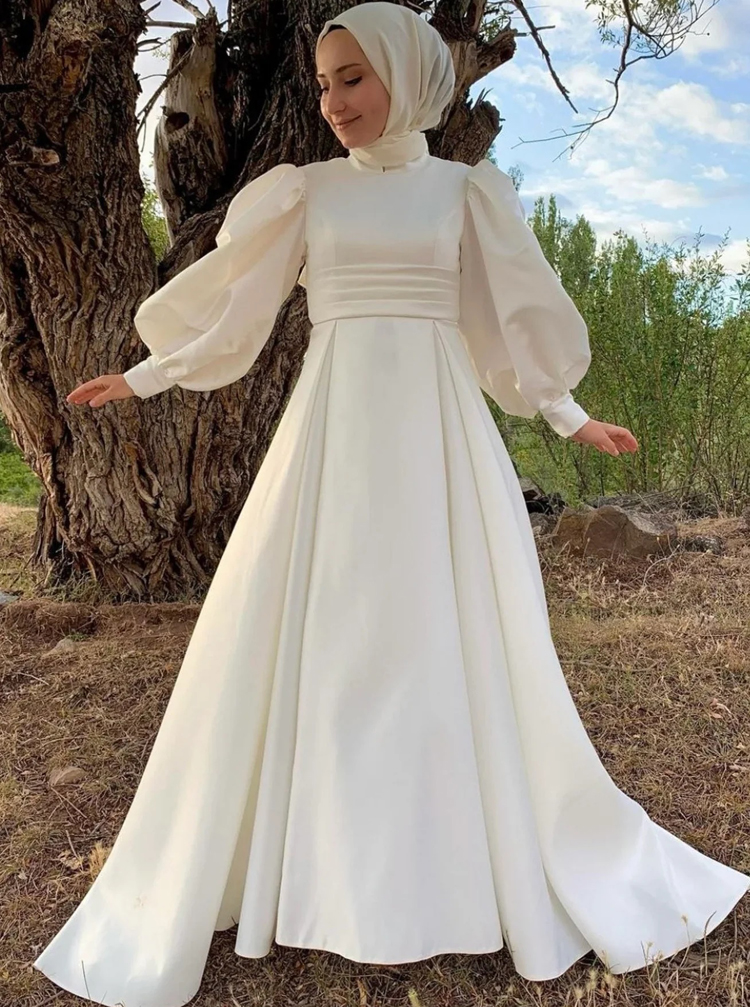 Simple A-line High Neck Satin Islamic Muslim Arabian Wedding Dress with ...