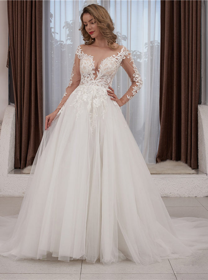 A-line Semi-sheer Lace Bodice Tulle Bridal Gown With Long Sleeves ...