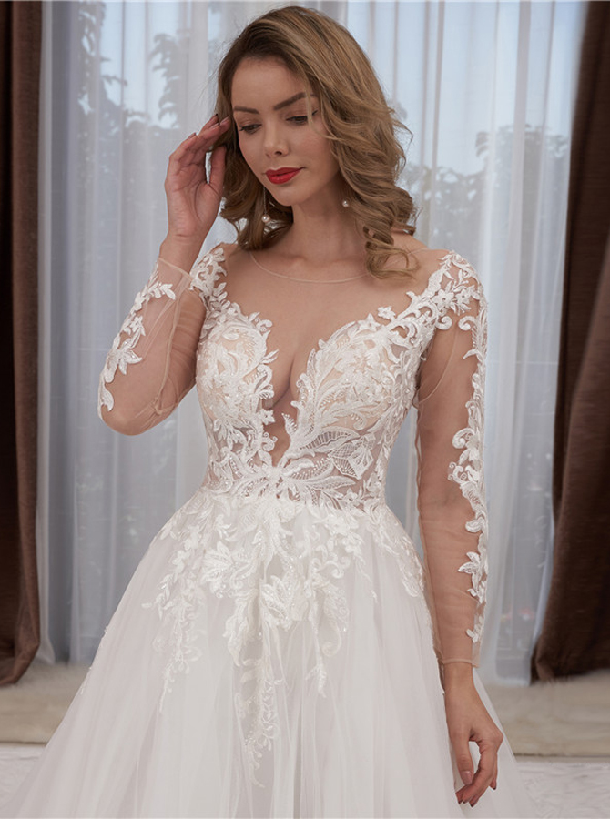 A-line Semi-sheer Lace Bodice Tulle Bridal Gown With Long Sleeves ...