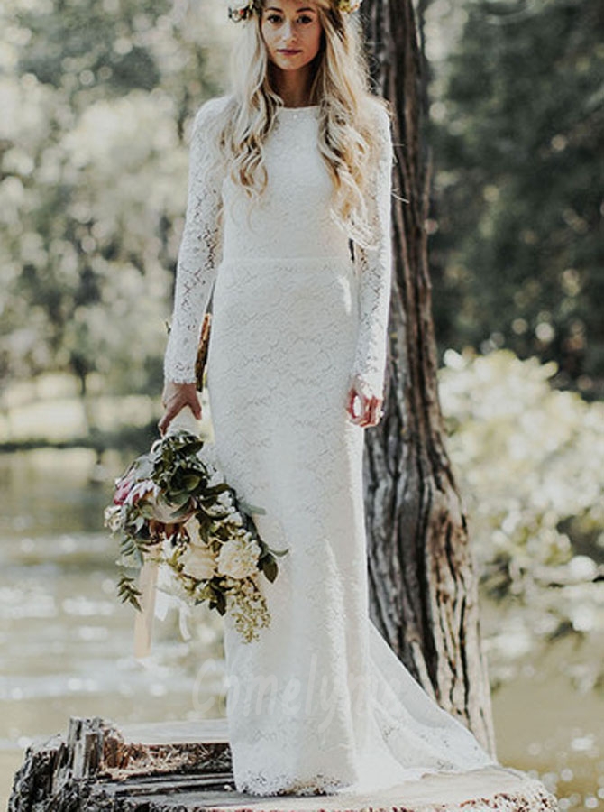 Sheath Backless Lace Bridal Gown With Long Sleeve - Comelyme.com