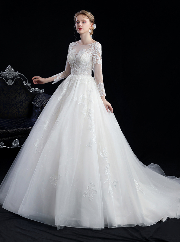 Princess A-line Long Sleeve Lace Up Back Church Wedding Dress ...