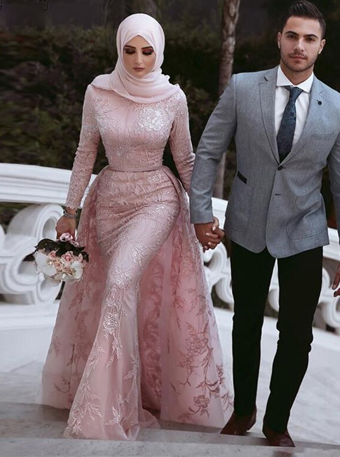 Dusty Pink Trumpet Lace Long Sleeve Muslim Wedding Dress With ...
