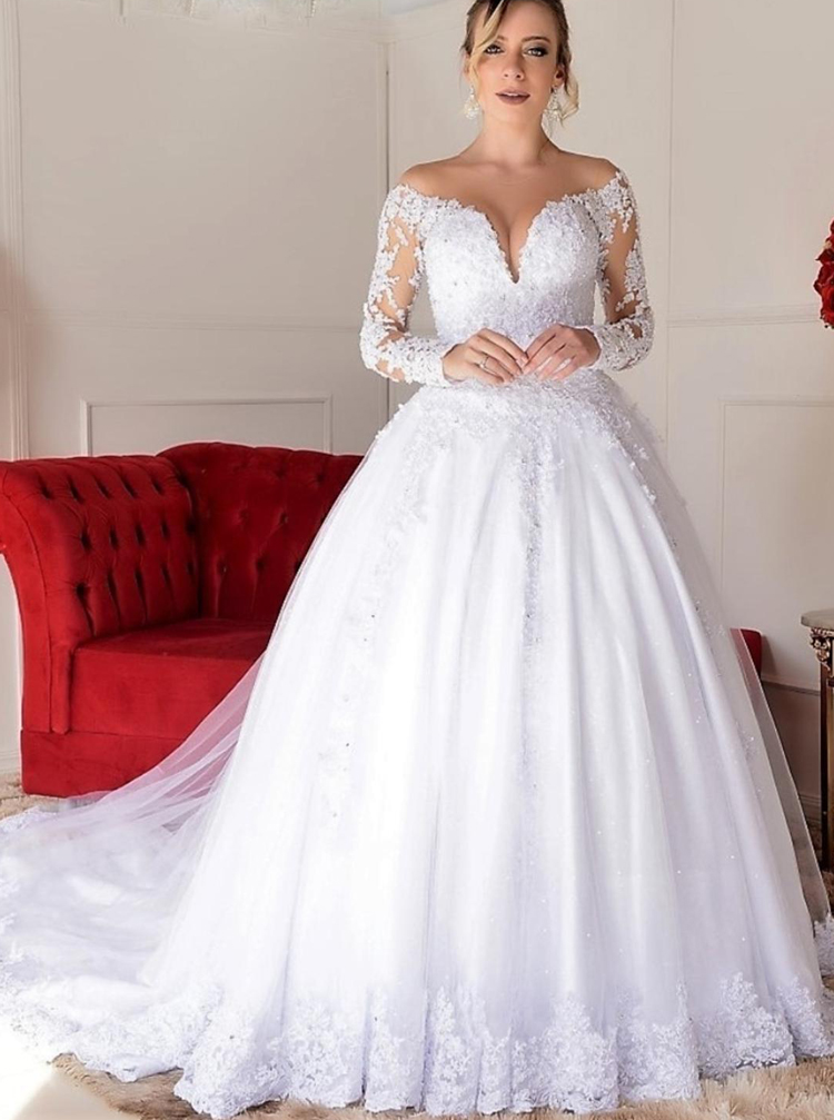 Illusion Neckline Long Sleeve Delicate Lace Applique Ball Gown Wedding ...