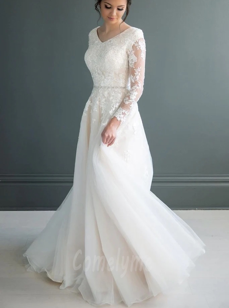 Modest V-neck Long Sleeve Lace Applique Bridal Gown With Pockets ...