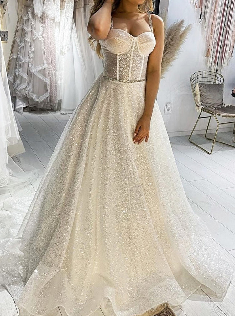 Corset Bodice Sparkly Wedding Gown With Straps - Comelyme.com