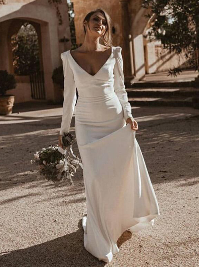 Sheath V-neck Long Sleeve Crepe Wedding Dresses - Comelyme.com