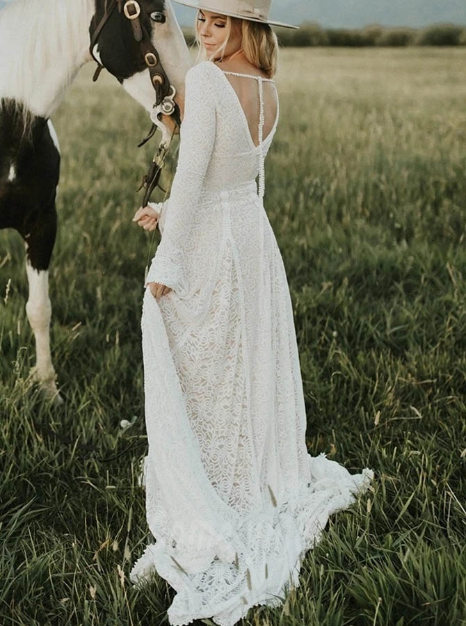 Bohemian Lace Long Sleeve Nude Lining Outdoor Bridal Dresses - Comelyme.com