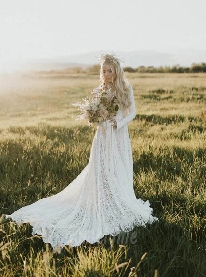 Bohemian Lace Long Sleeve Nude Lining Outdoor Bridal Dresses - Comelyme.com