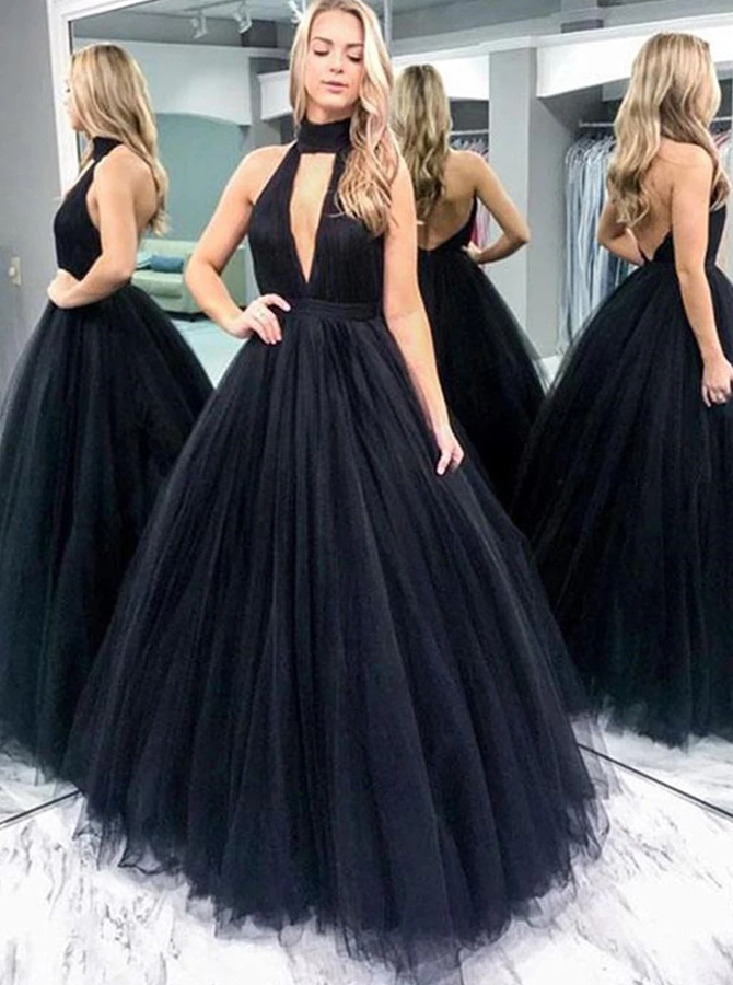 Black A-line Open Back Halter Neckline Tulle Prom Gown - Comelyme.com